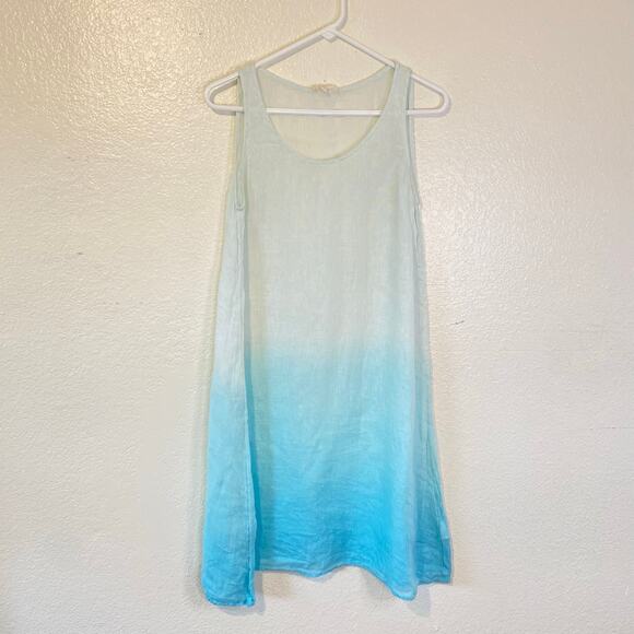 Eileen Fisher Pure Linen Gauze Layered Aqua Ombré A-Line Dress Size Small - Picture 2 of 7